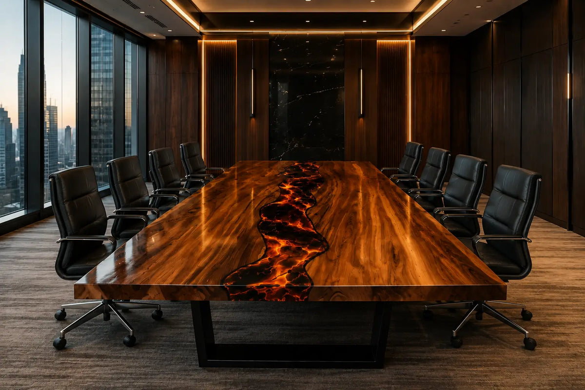 Aurorawoodart Custom Amber Orange Lava Epoxy Conference Table CT56