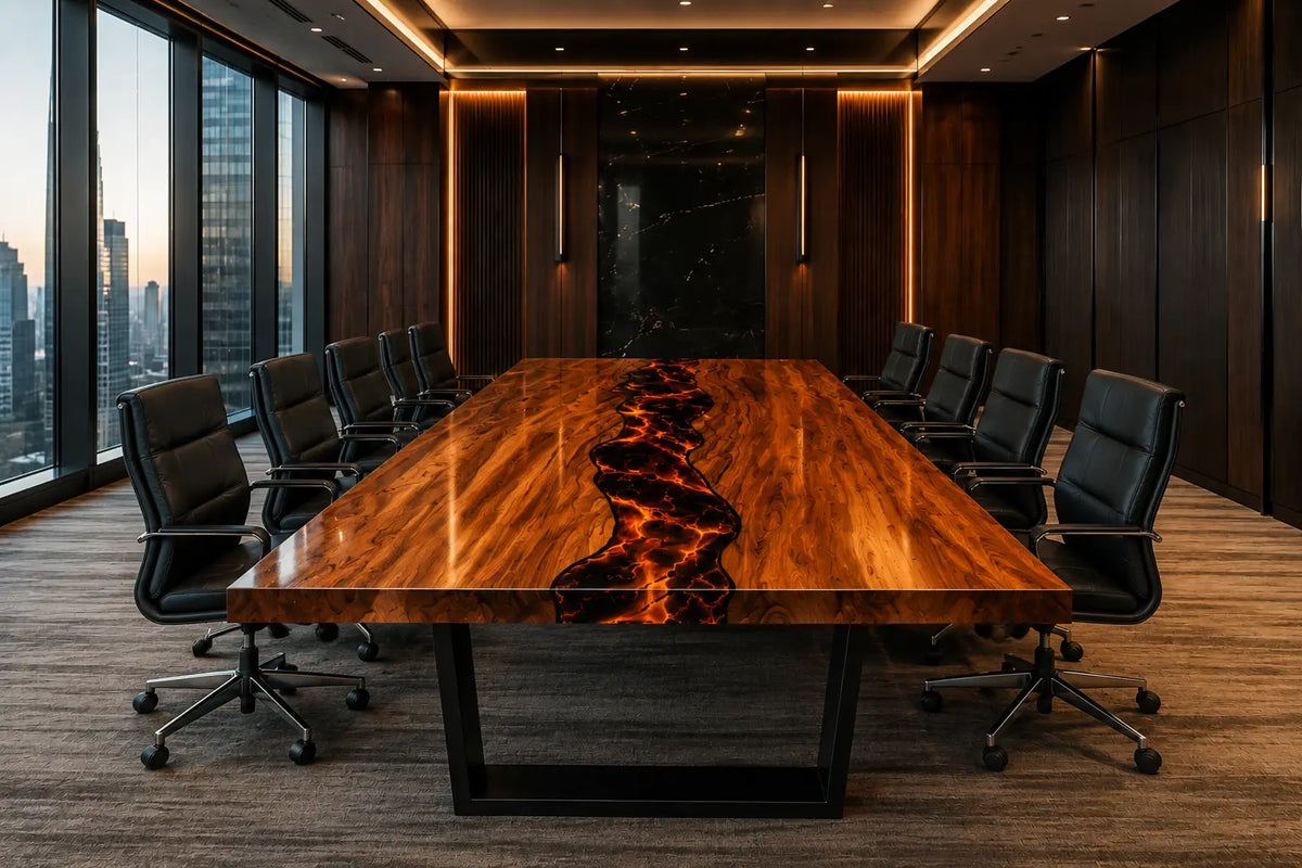 Aurorawoodart Custom Amber Orange Lava Epoxy Conference Table CT56