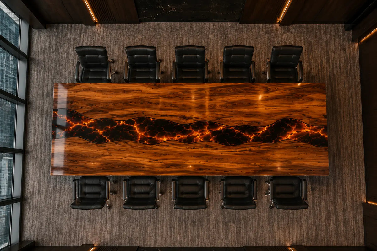 Aurorawoodart Custom Amber Orange Lava Epoxy Conference Table CT56