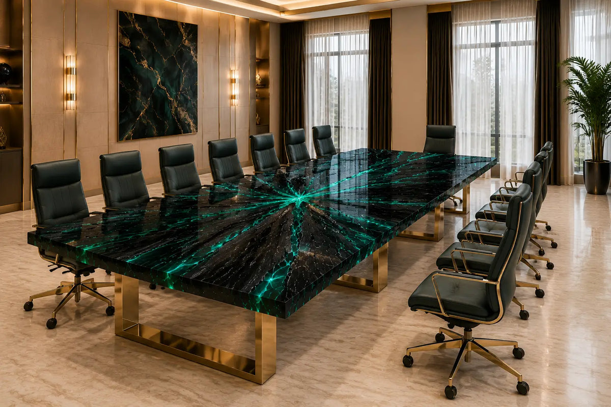 Aurorawoodart Custom Emerald Blue Luxury Epoxy Conference Table CT57