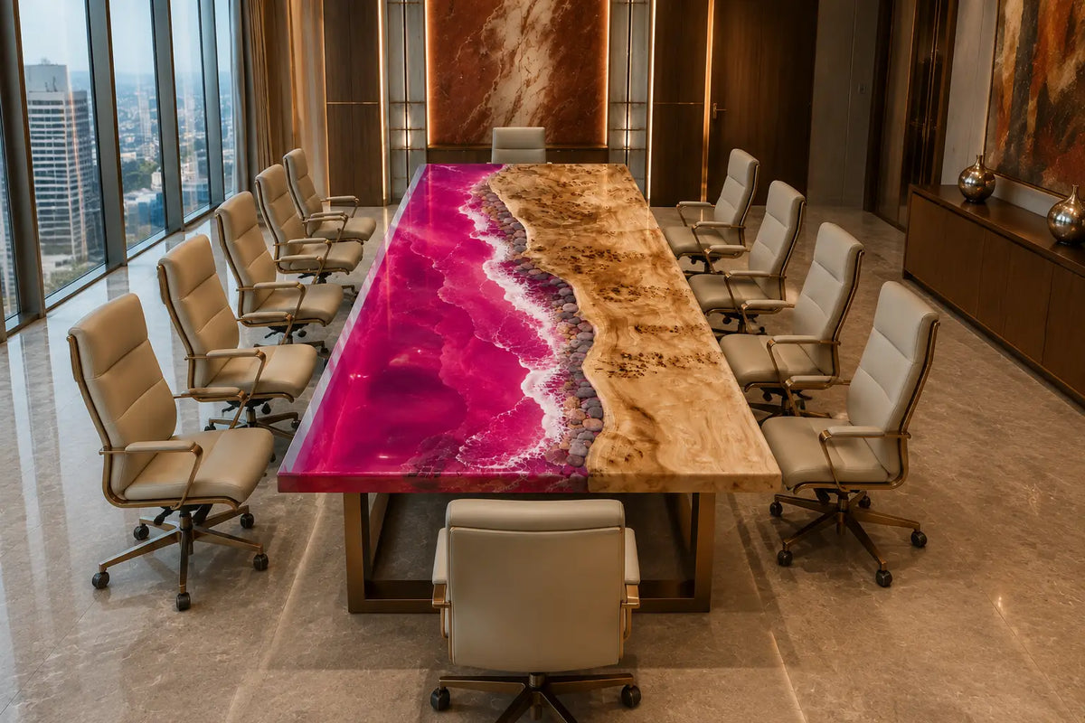Aurorawoodart Custom Pink Epoxy Ocean Beach Conference Table CT59