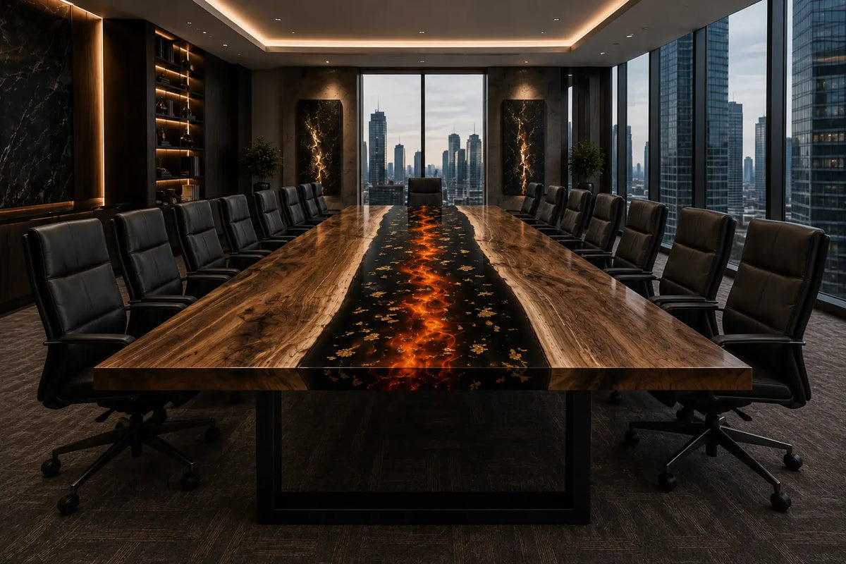 Aurorawoodart Custom Molten Amber Lava Epoxy Conference Table CT62
