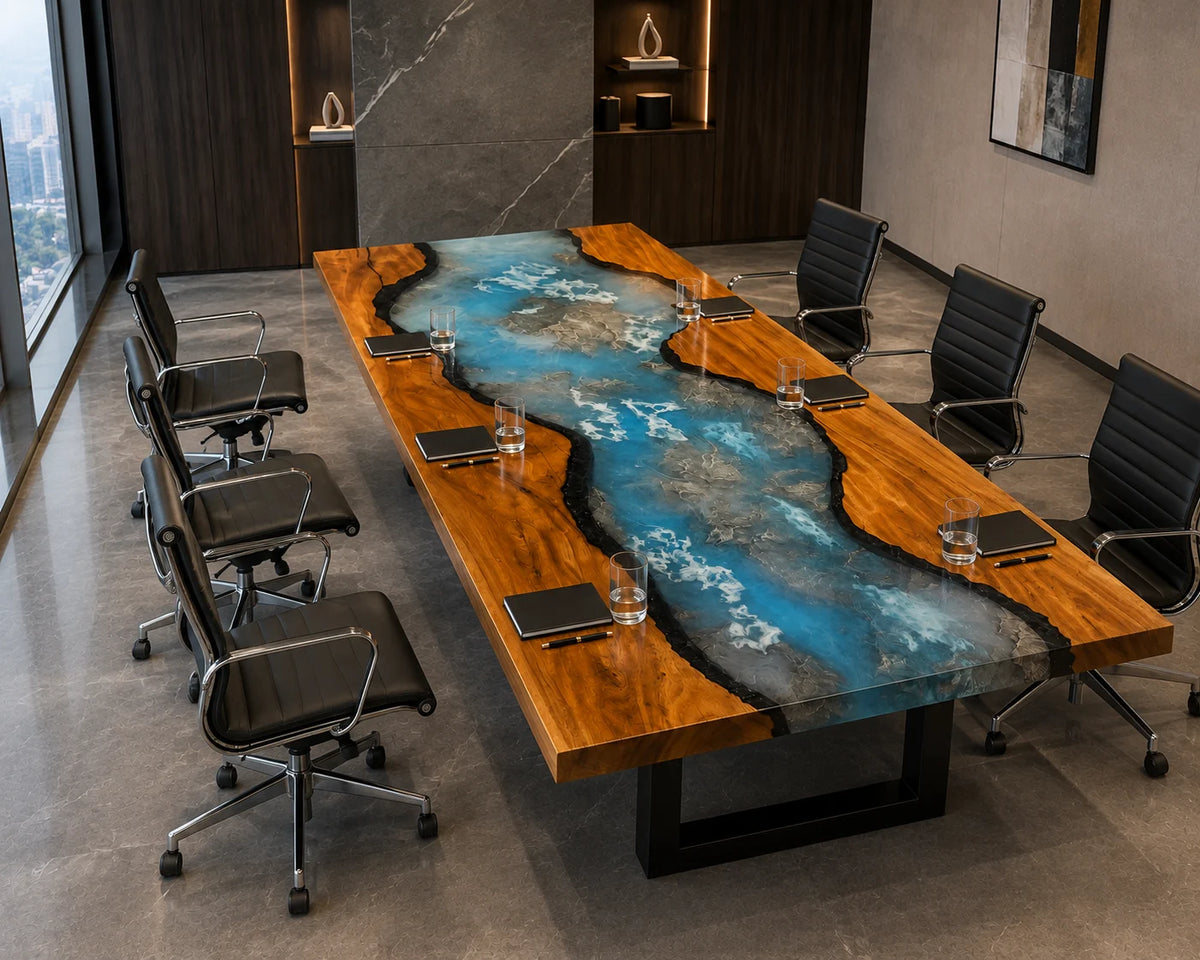 CTC02 Glacier Current Live Edge Walnut Conference Table featuring handcrafted walnut and epoxy resin