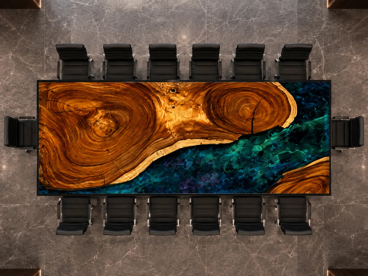 CTC04 Teal Lagoon Walnut Epoxy Conference Table featuring handcrafted walnut and epoxy resin