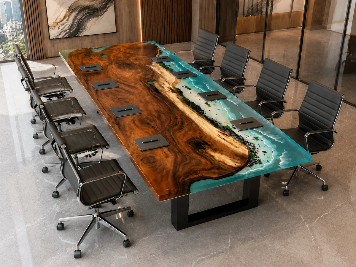 CTC06 Aqua Coast Walnut Epoxy River Conference Table featuring handcrafted walnut and epoxy resin