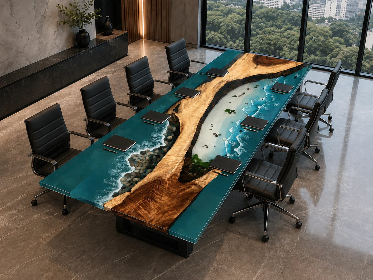 CTC07 Turquoise Shore Walnut Epoxy Conference Table featuring handcrafted walnut and epoxy resin
