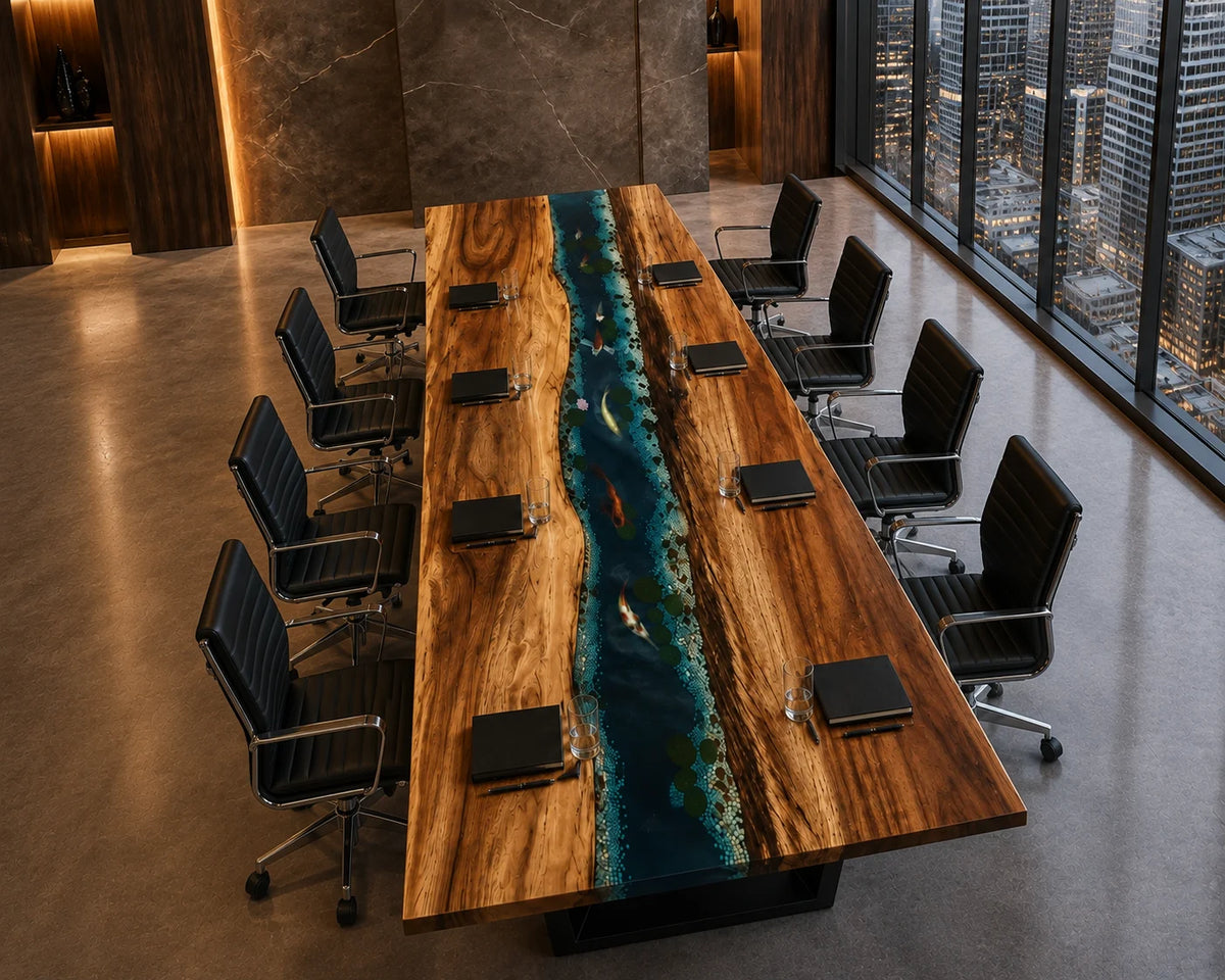 CTC08 Midnight Channel Live Edge Walnut Conference Table featuring handcrafted walnut and epoxy resin