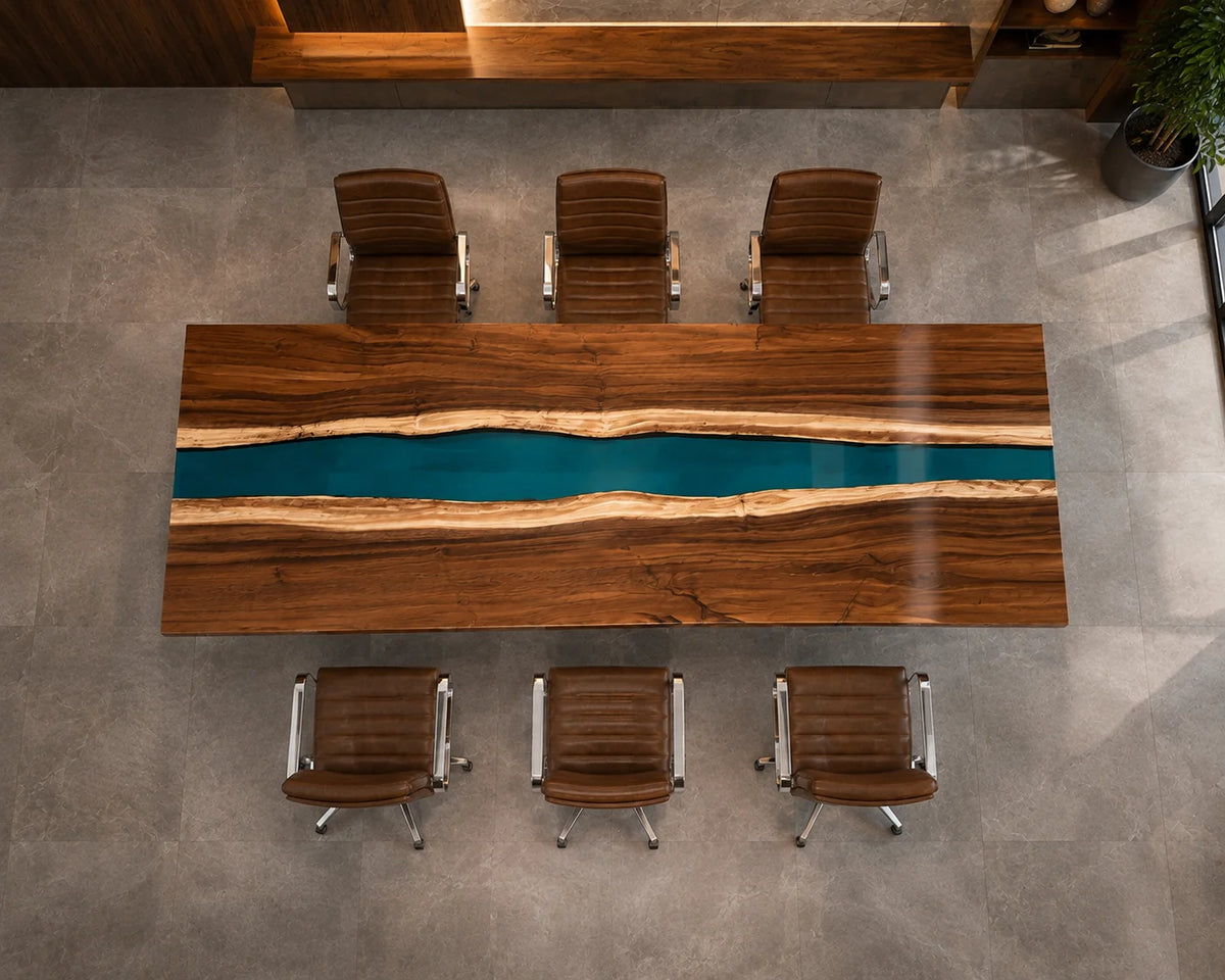 CTC13 Teal Ribbon Walnut Epoxy Conference Table featuring handcrafted walnut and epoxy resin