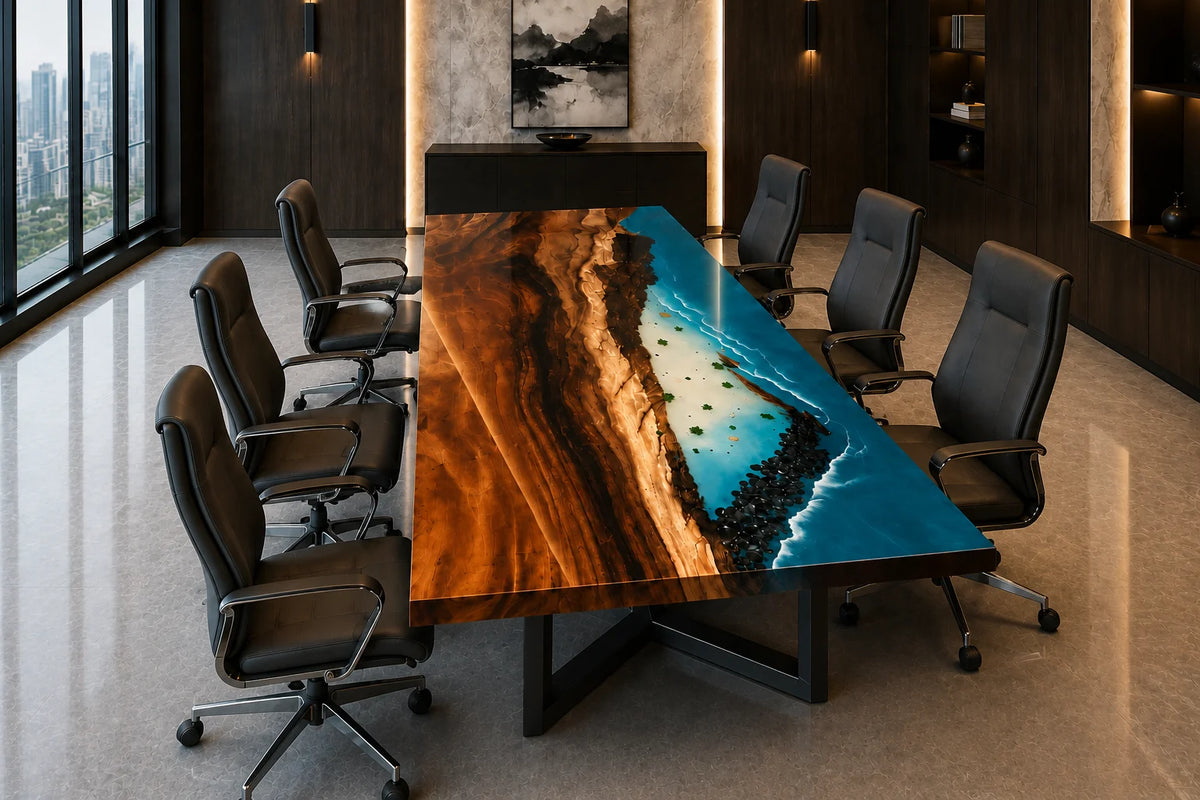CTC14 Turquoise Coast Live Edge Walnut Conference Table featuring handcrafted walnut and epoxy resin