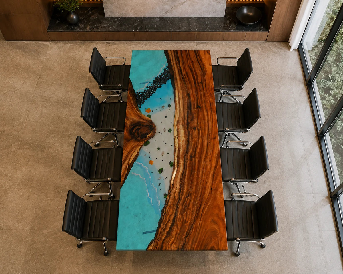 CTC15 Aqua Shore Walnut Epoxy River Conference Table featuring handcrafted walnut and epoxy resin