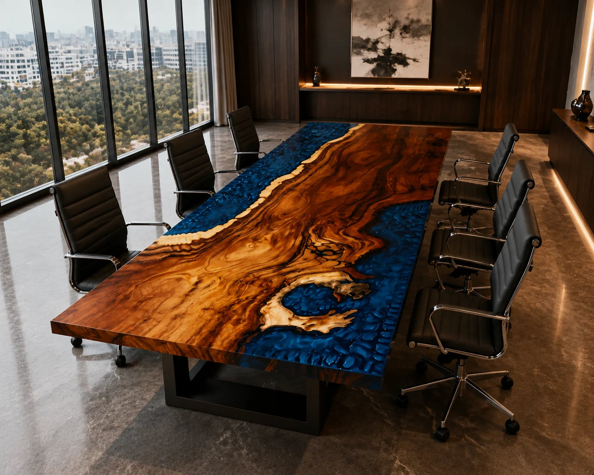 CTC16 Cobalt Bay Walnut Epoxy Conference Table featuring handcrafted walnut and epoxy resin