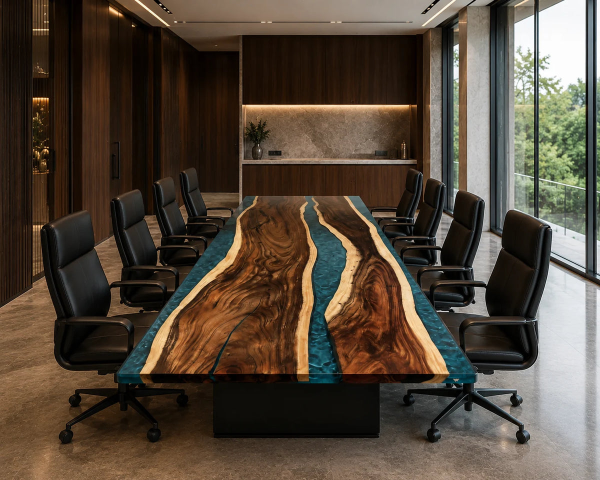 CTC17 Twin Current Live Edge Walnut Conference Table featuring handcrafted walnut and epoxy resin