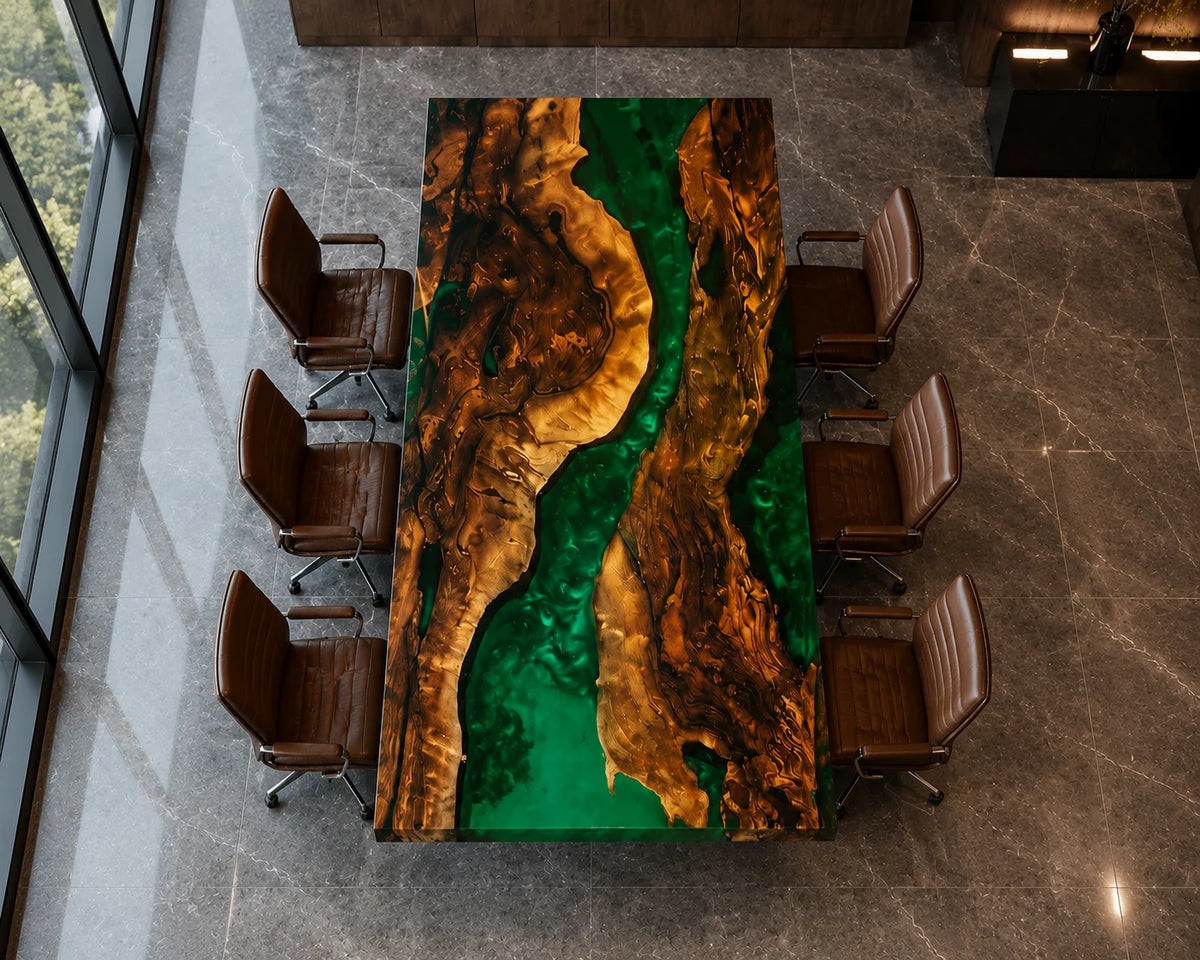 CTC18 Emerald Contour Walnut Epoxy River Conference Table featuring handcrafted walnut and epoxy resin