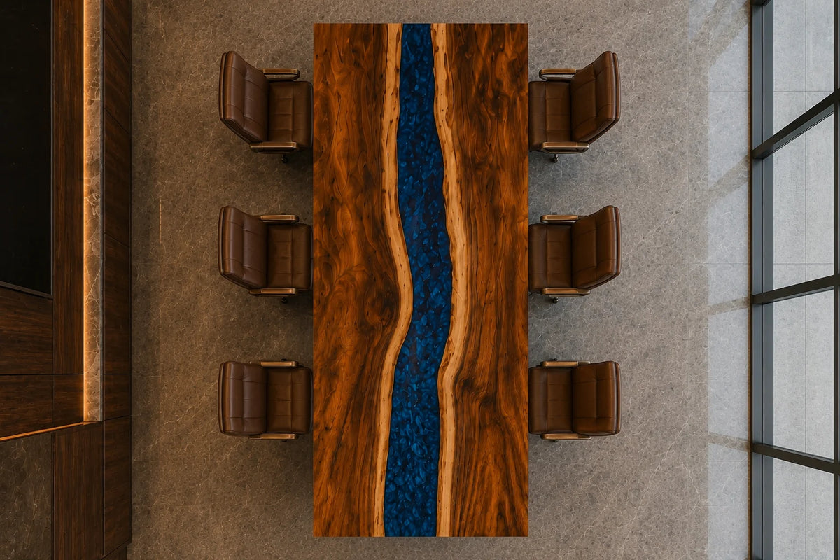 CTC19 Sapphire Channel Walnut Epoxy Conference Table featuring handcrafted walnut and epoxy resin