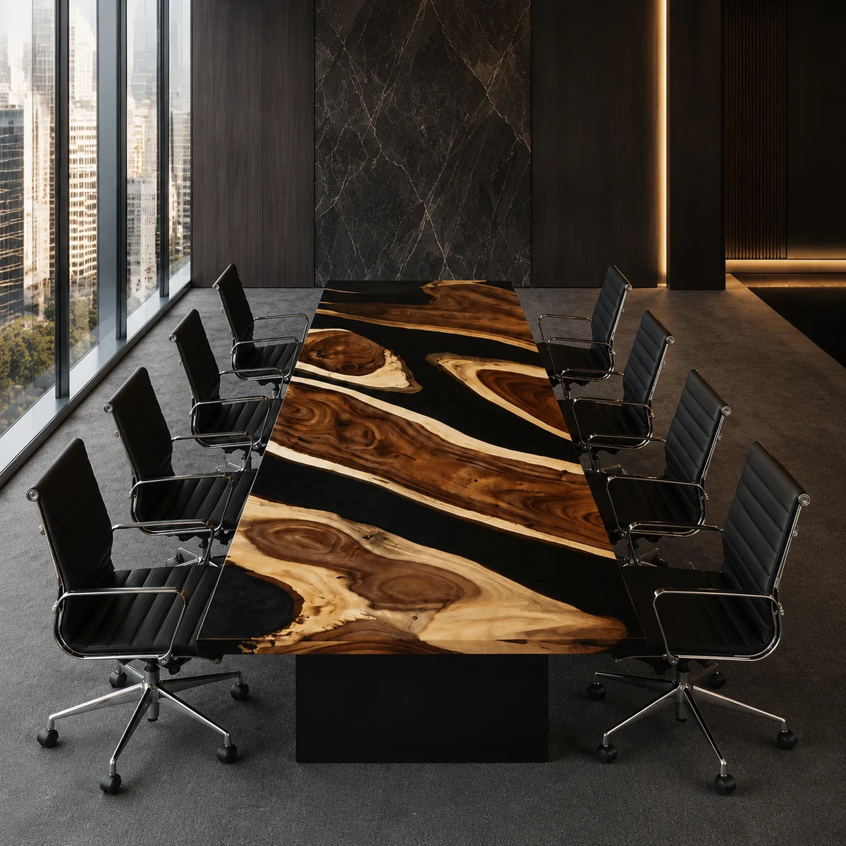 CTC20 Obsidian Wave Live Edge Walnut Conference Table featuring handcrafted walnut and epoxy resin