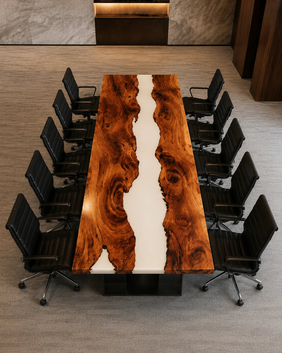 CTC23 Ivory Stream Live Edge Walnut Conference Table featuring handcrafted walnut and epoxy resin