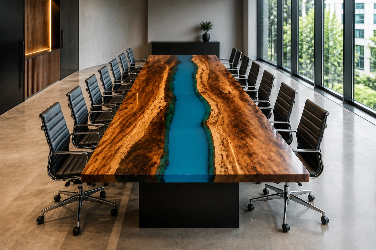 CTC26 Azure Delta Live Edge Walnut Conference Table featuring handcrafted walnut and epoxy resin