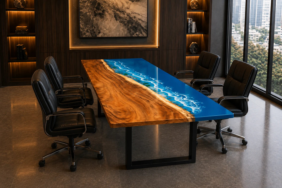 CTC27 Blue Horizon Walnut Epoxy River Conference Table featuring handcrafted walnut and epoxy resin