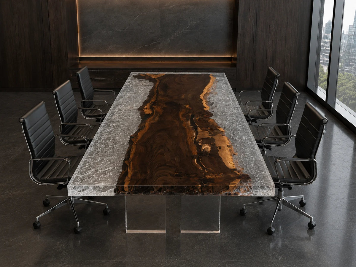 CTC28 Crystal Frost Black Walnut Epoxy Conference Table featuring handcrafted black walnut and epoxy resin