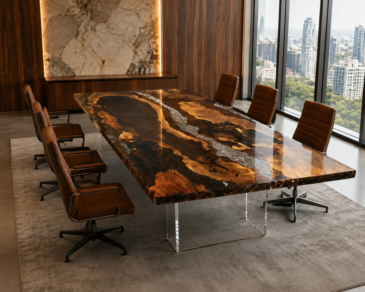 CTC29 Golden Fault Live Edge Black Walnut Conference Table featuring handcrafted black walnut and epoxy resin