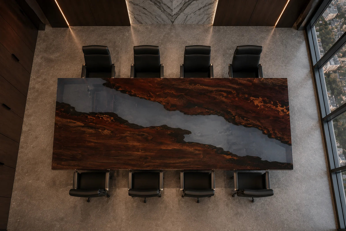 CTC32 Silver River Live Edge Black Walnut Conference Table featuring handcrafted black walnut and epoxy resin
