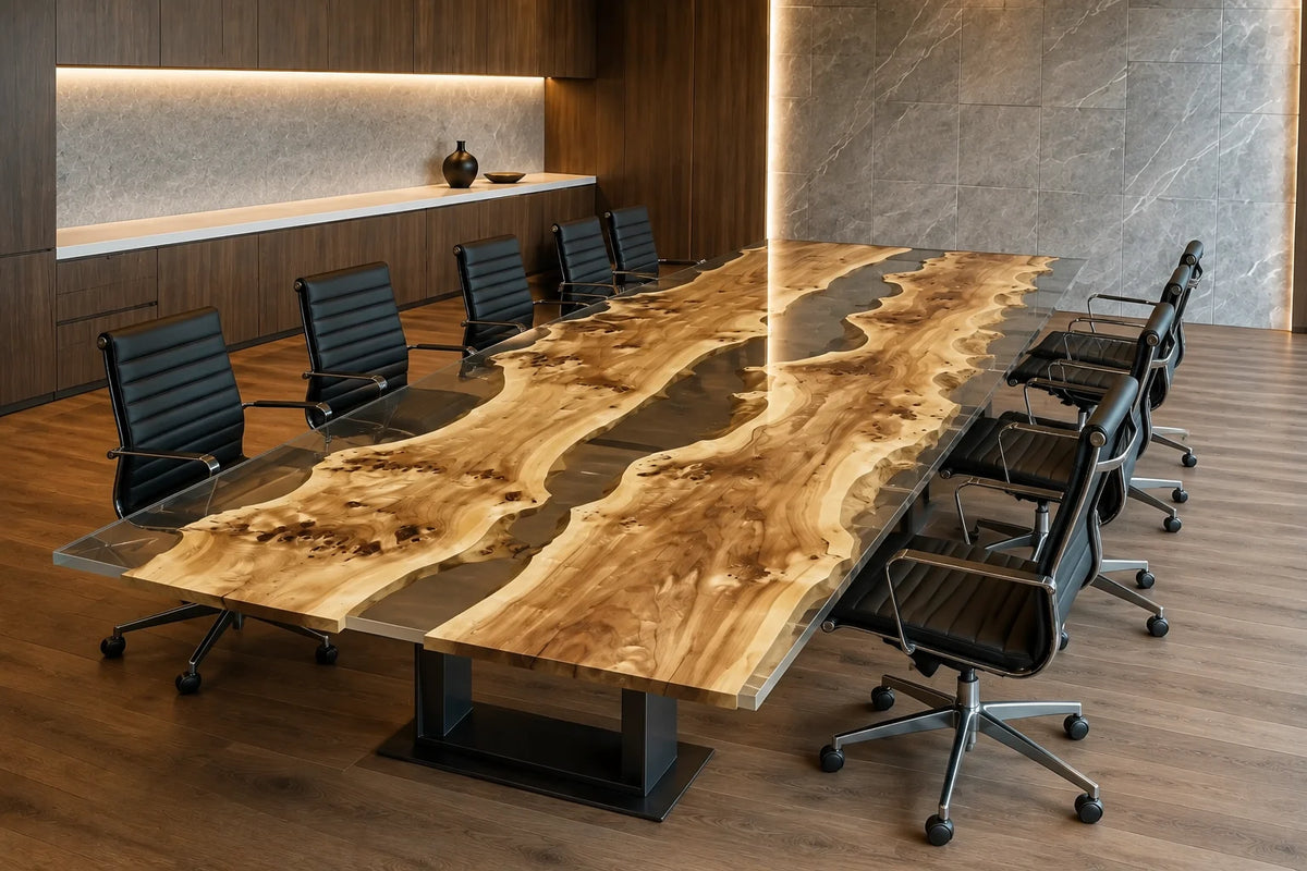 CTC35 Crystal Canyon Live Edge Poplar Conference Table featuring handcrafted poplar and epoxy resin