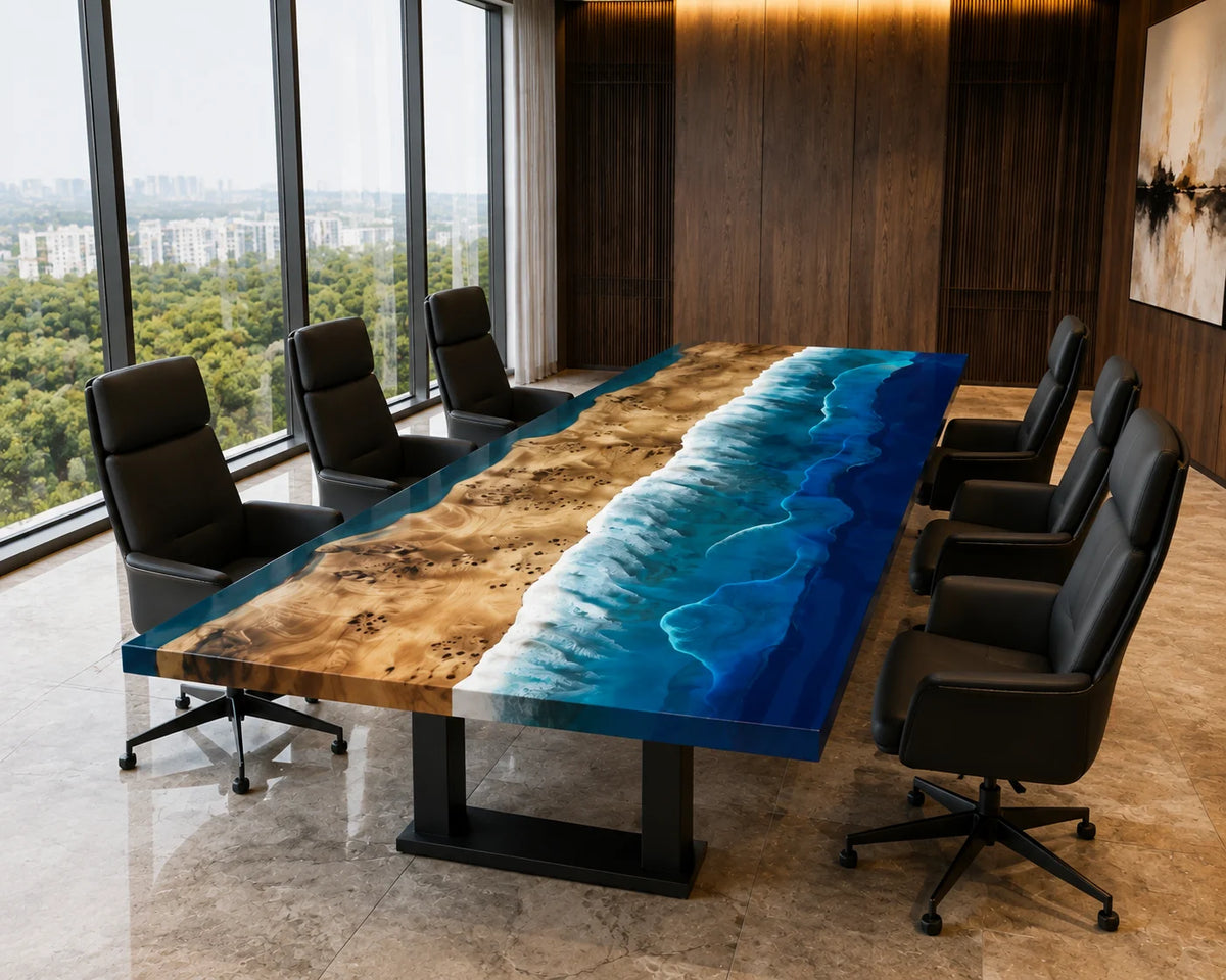 CTC36 Ocean Edge Poplar Epoxy River Conference Table featuring handcrafted poplar and epoxy resin