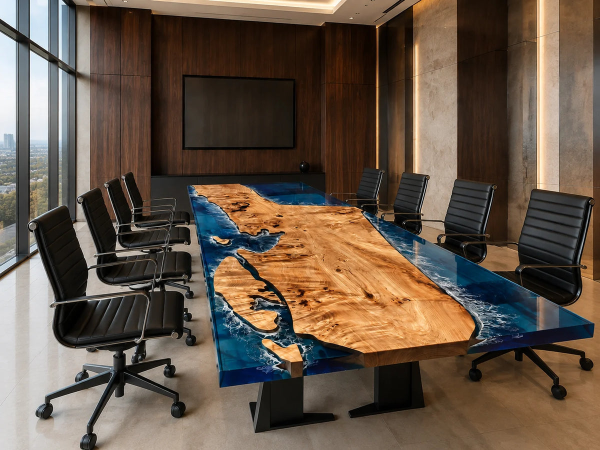 CTC41 Sapphire Frame Live Edge Poplar Conference Table featuring handcrafted poplar and epoxy resin