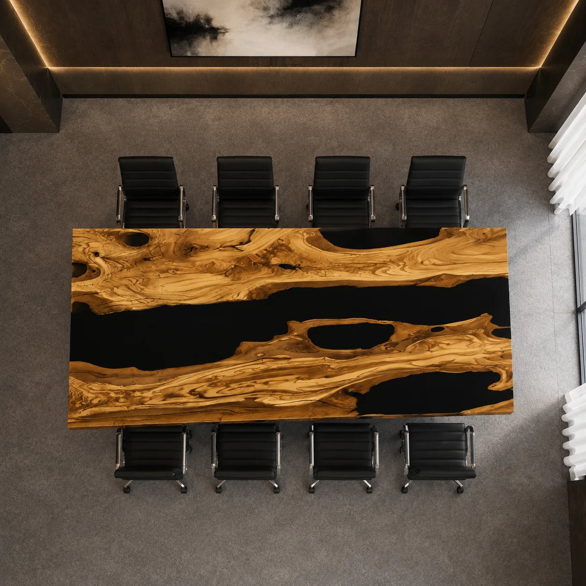 CTC43 Onyx Lakes Olive Wood Epoxy Conference Table featuring handcrafted olive wood and epoxy resin