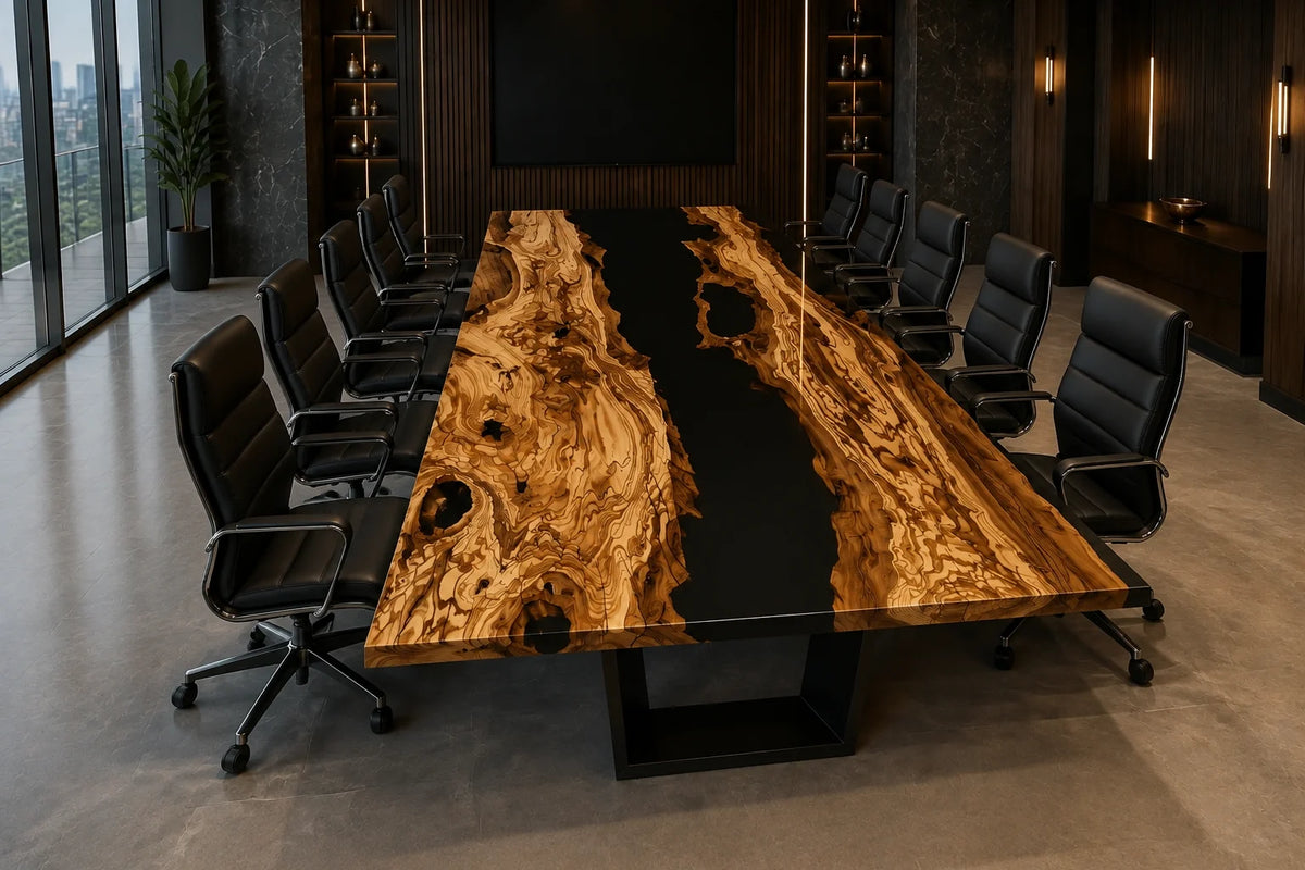 CTC44 Midnight Corridor Live Edge Olive Wood Conference Table featuring handcrafted olive wood and epoxy resin