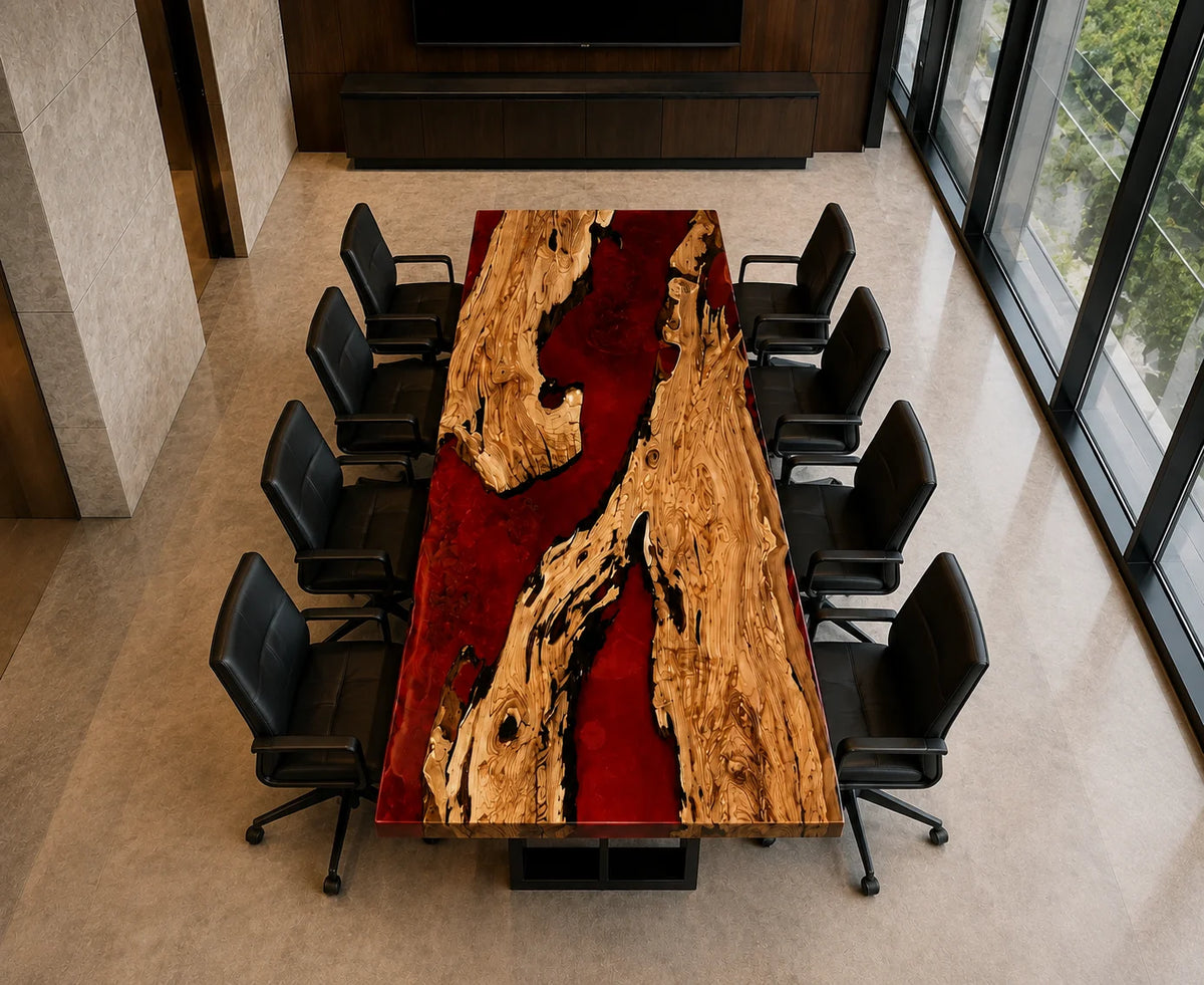 CTC45 Crimson Flame Olive Wood Epoxy River Conference Table featuring handcrafted olive wood and epoxy resin