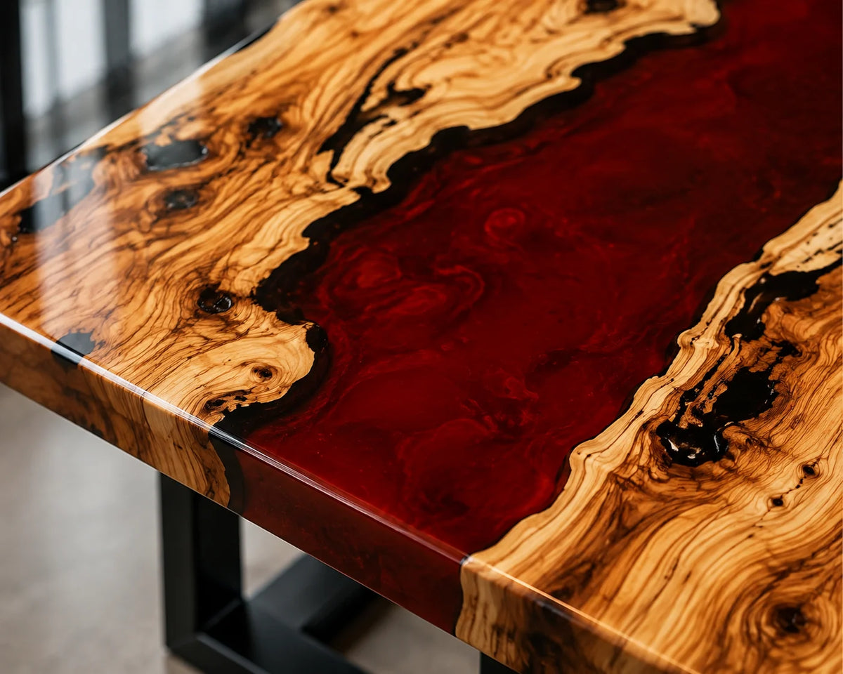 Crimson Flame Olive Wood Epoxy River Conference Table CT45