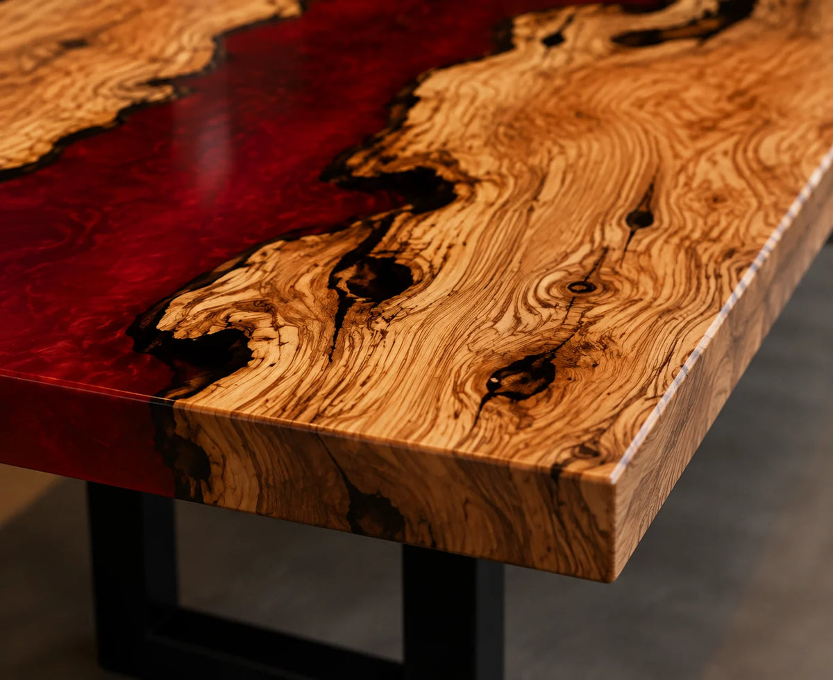 Crimson Flame Olive Wood Epoxy River Conference Table CT45