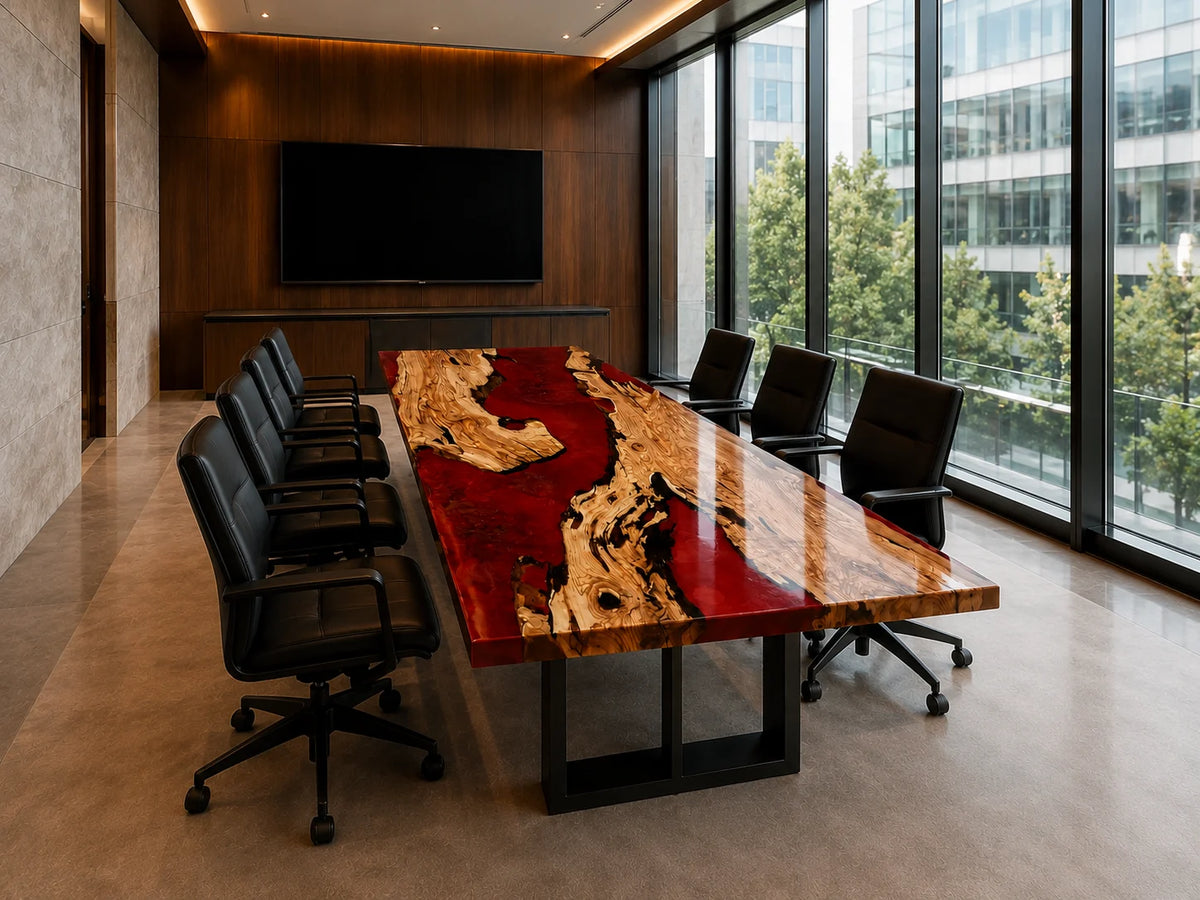 Crimson Flame Olive Wood Epoxy River Conference Table CT45