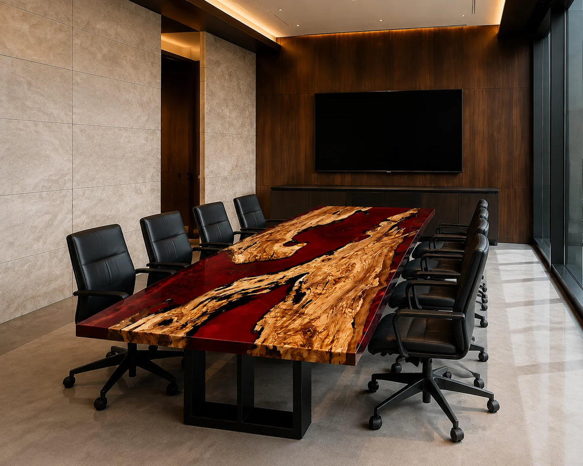 Crimson Flame Olive Wood Epoxy River Conference Table CT45
