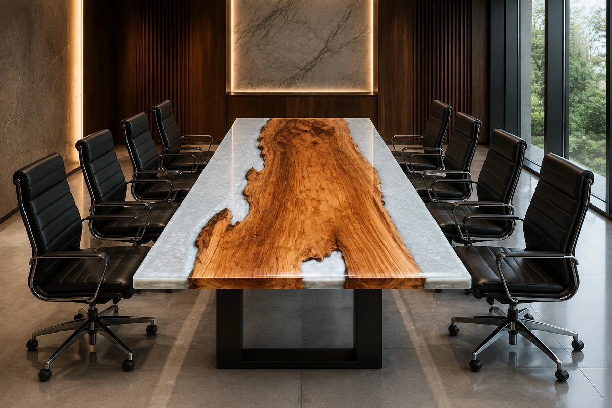 CTC46 Silver Coast Olive Wood Epoxy Conference Table featuring handcrafted olive wood and epoxy resin