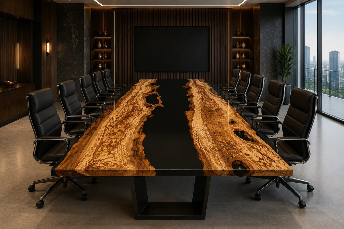 CTC47 Ember Pool Live Edge Olive Wood Conference Table featuring handcrafted olive wood and epoxy resin