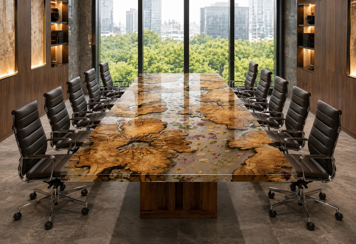 CTC49 Timber Rings Burl Epoxy Conference Table featuring handcrafted burl wood and epoxy resin