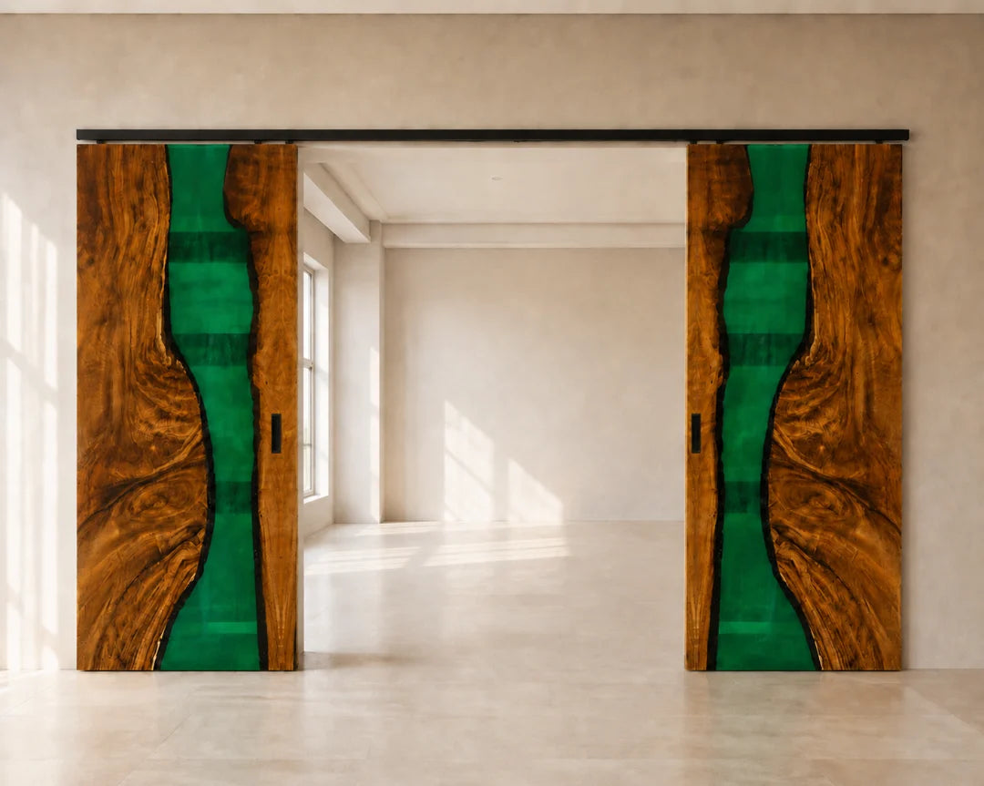 DR02 Emerald Divide emerald green epoxy sliding door with handcrafted resin and natural-grain detail