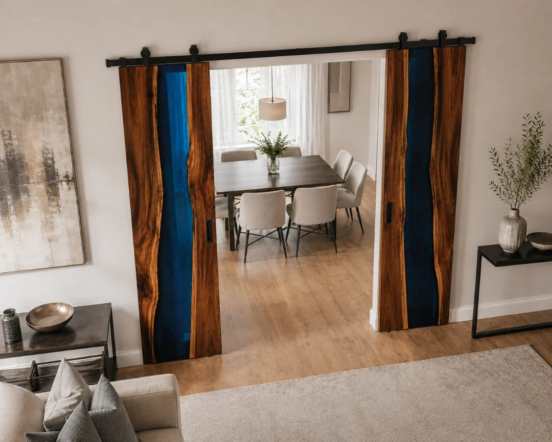 DR03 Cobalt Pair royal blue epoxy double sliding door with handcrafted resin and natural-grain detail