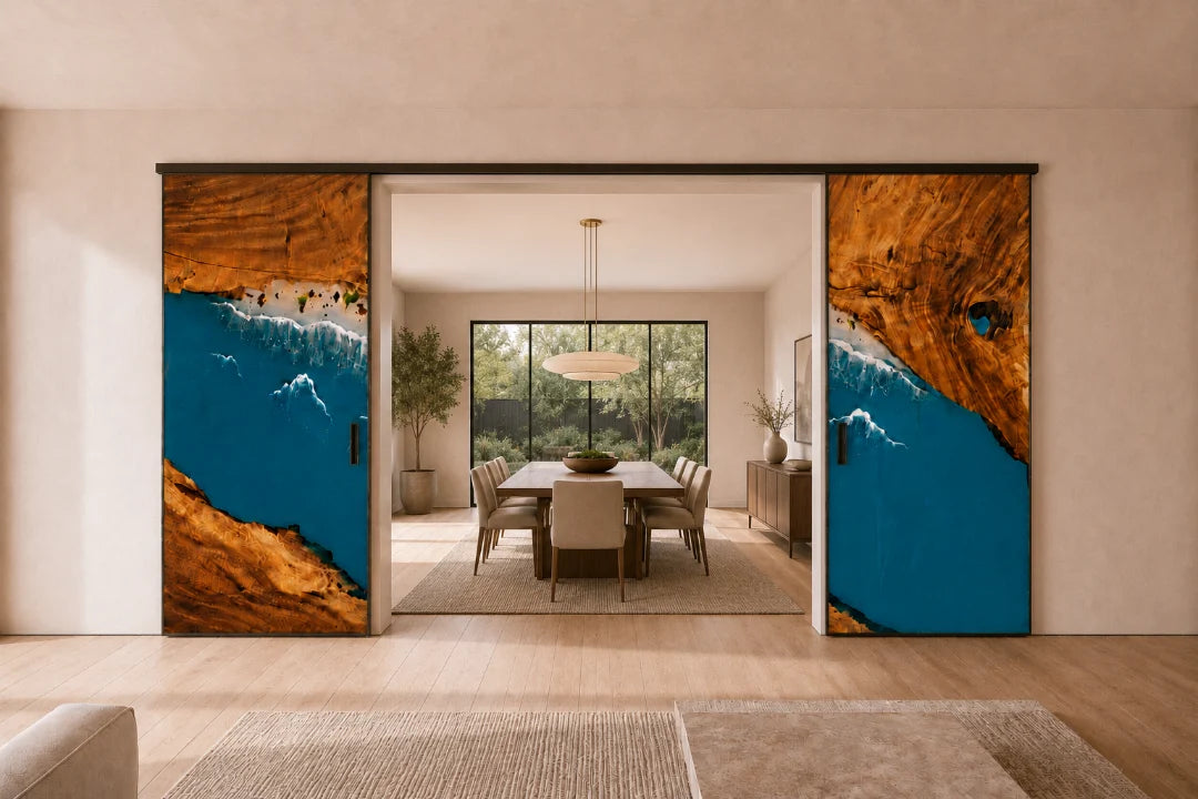 DR04 Ocean Passage ocean blue and pearl white epoxy sliding door with handcrafted resin and natural-grain detail