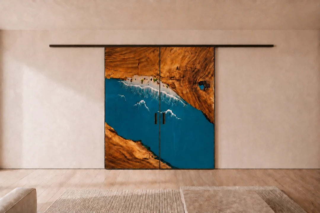 Ocean Passage Ocean Blue and Pearl White Epoxy Sliding Door DR04