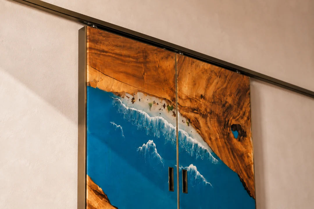 Ocean Passage Ocean Blue and Pearl White Epoxy Sliding Door DR04