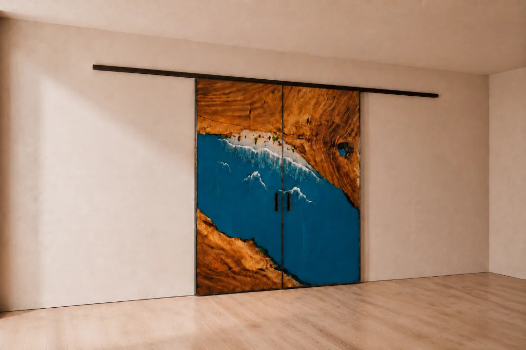 Ocean Passage Ocean Blue and Pearl White Epoxy Sliding Door DR04