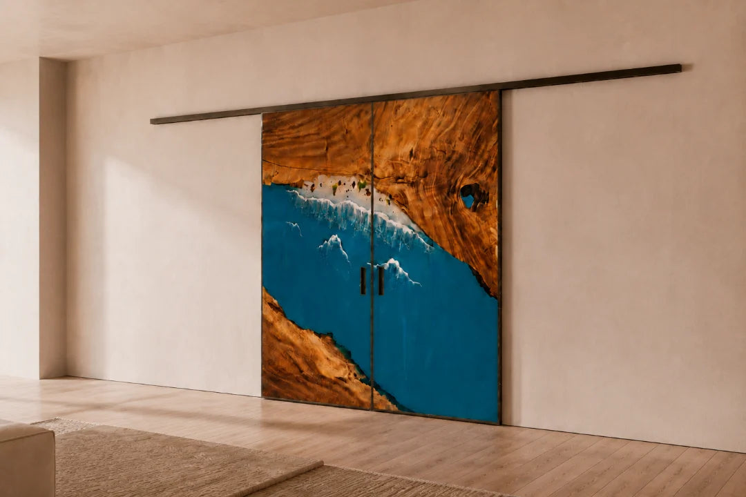 Ocean Passage Ocean Blue and Pearl White Epoxy Sliding Door DR04