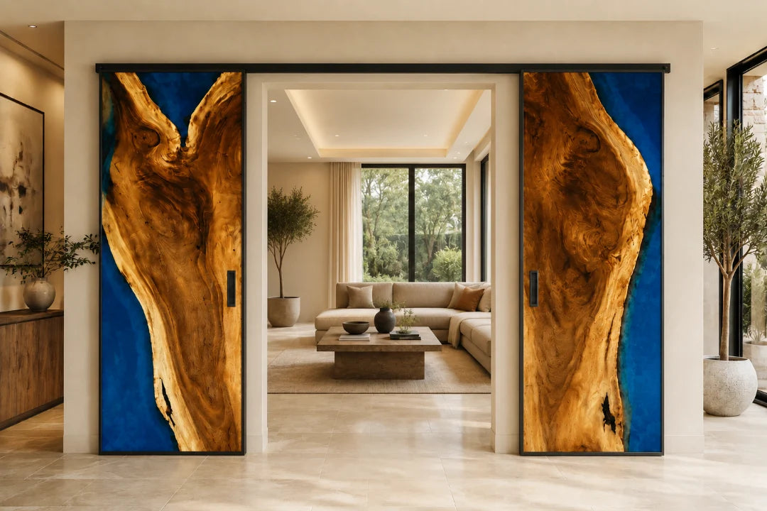 DR05 Blue Canyon sapphire blue epoxy double sliding door with handcrafted resin and natural-grain detail