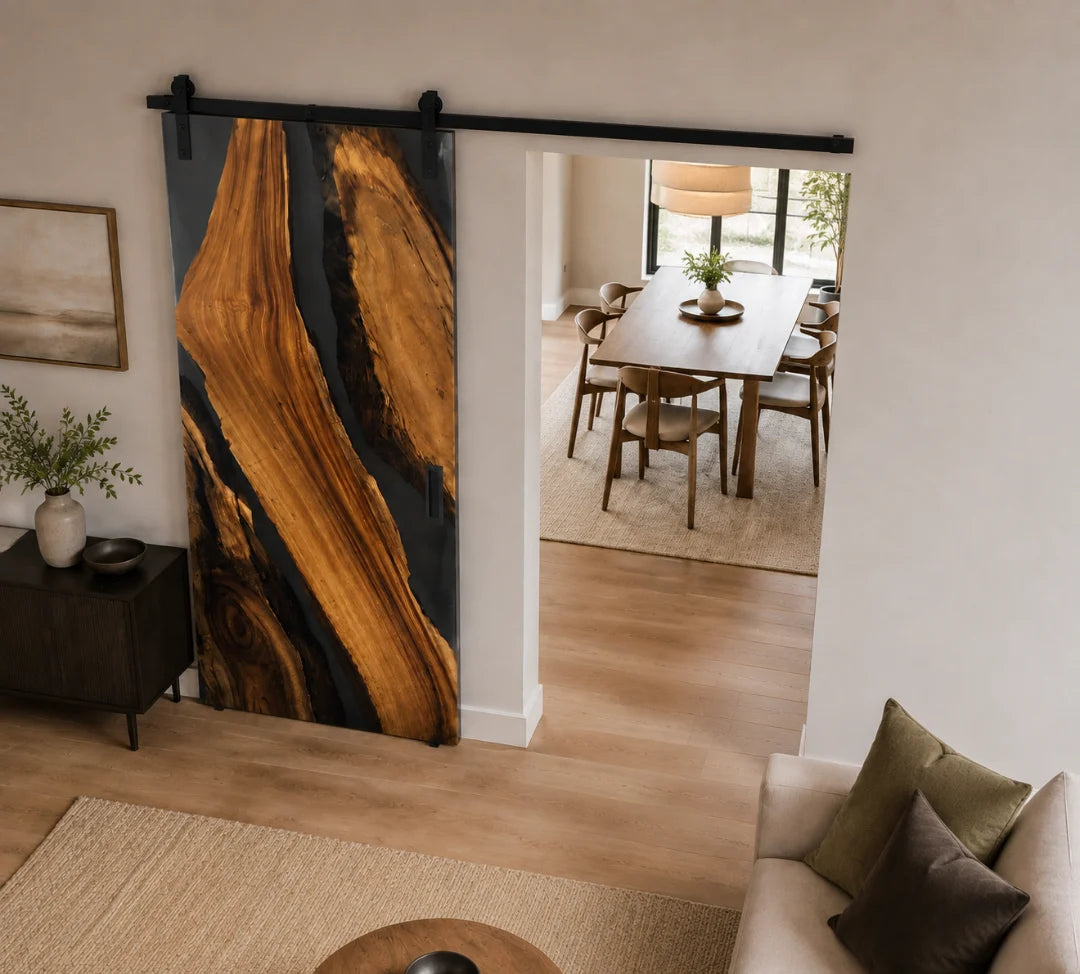 DR06 Smoke Bend smoky gray epoxy sliding door with handcrafted resin and natural-grain detail