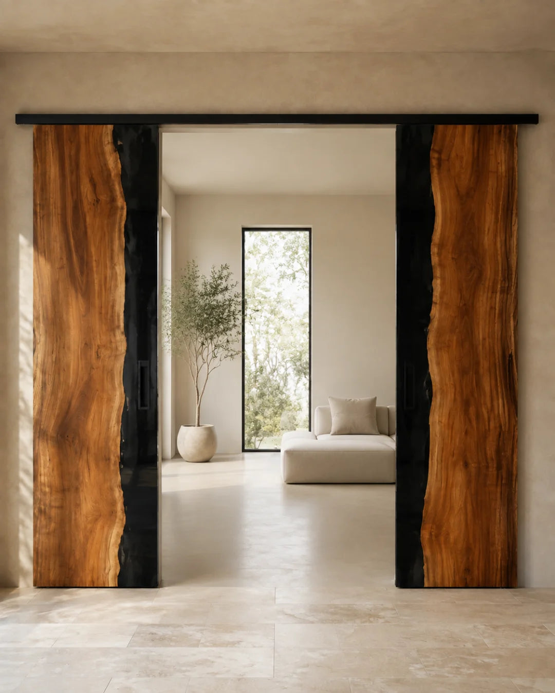 DR07 Midnight Spine jet black epoxy sliding door with handcrafted resin and natural-grain detail