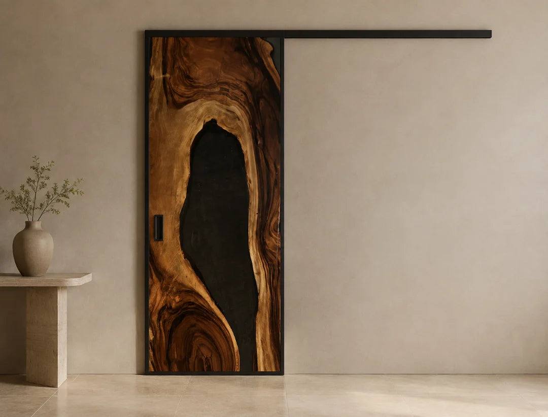 DR08 Black Hollow smoky black epoxy sliding door with handcrafted resin and natural-grain detail
