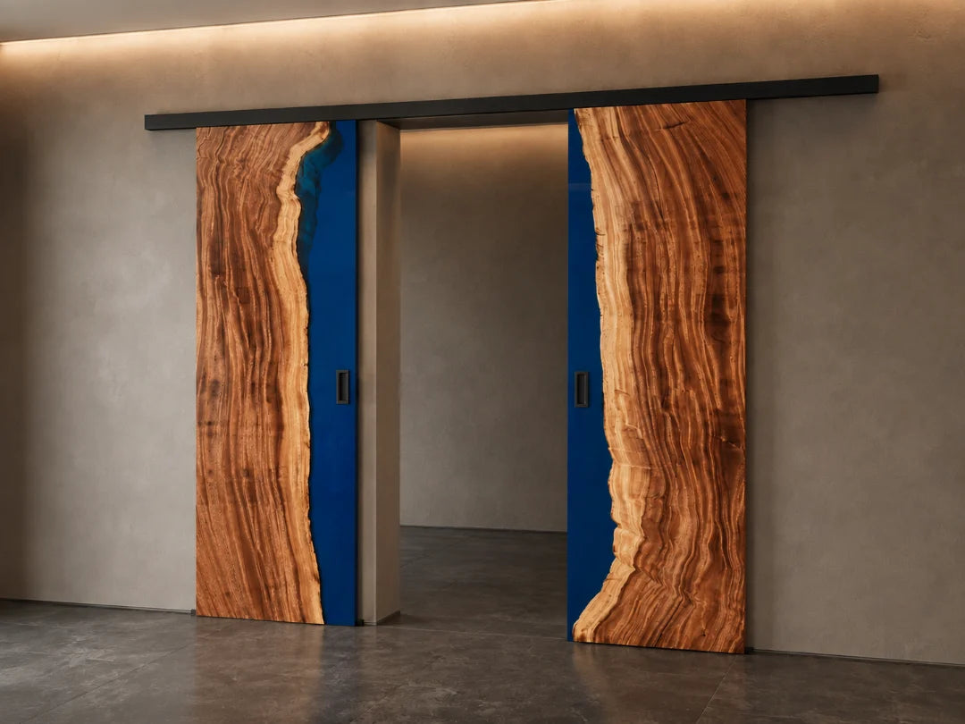 DR09 Ocean Spine ocean blue epoxy double sliding door with handcrafted resin and natural-grain detail
